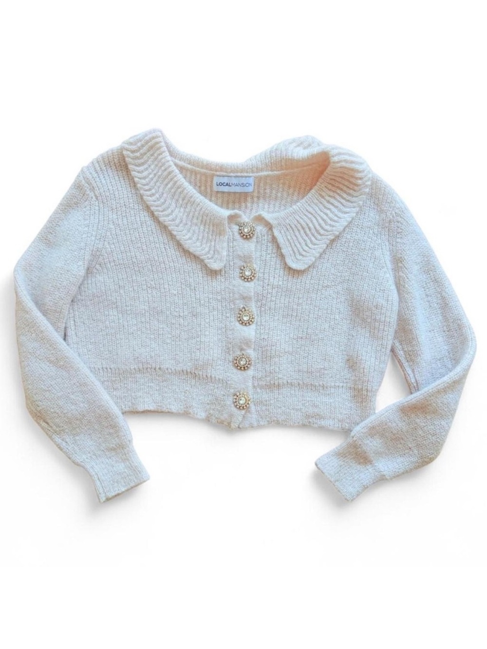 Cream Cropped Knitted Cardigan with Jewelled Rhinestone Buttons Small
